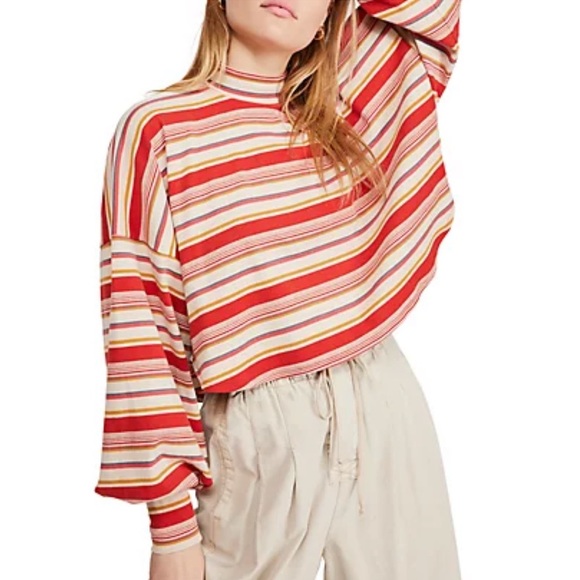 Free People Tops - Free People Steph Coral Red Multi Striped Long Sleeve Tee